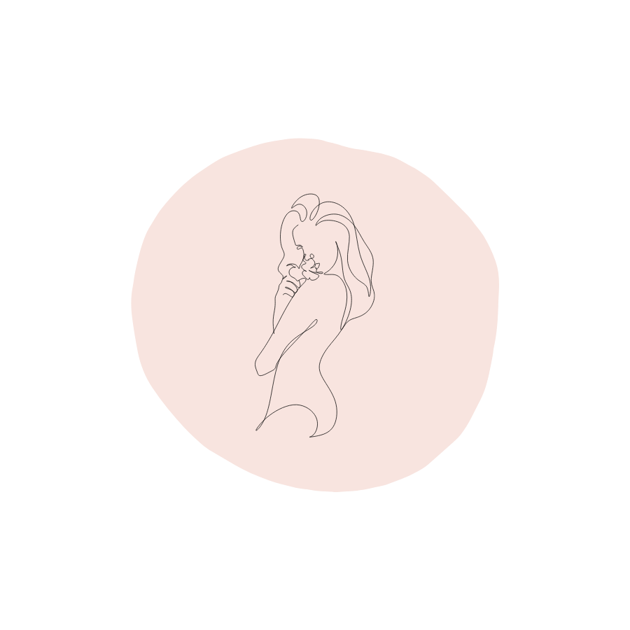 Illustration einer stehenden weiblichen Figur, die an einer Blume riecht, in minimalistischem, linearem Stil.“