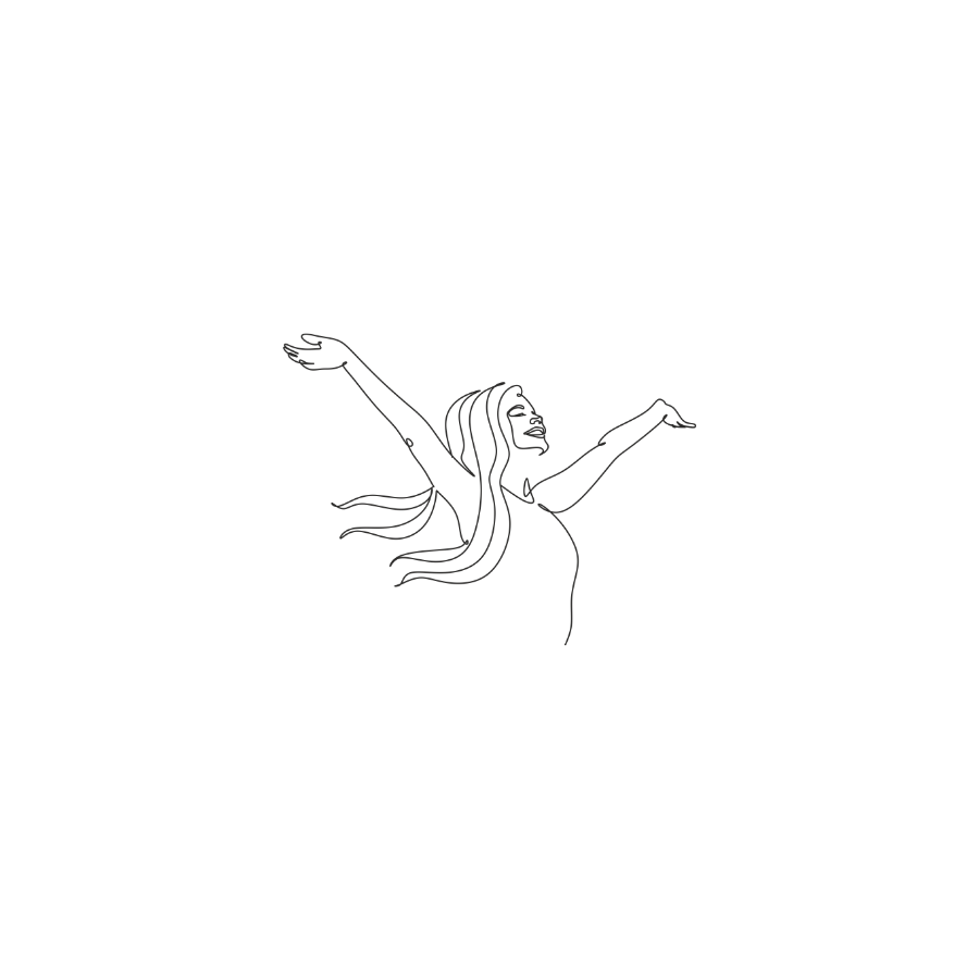 Illustration einer weiblichen Figur mit geöffneten Armen und Lächeln im Gesicht, in minimalistischem, linearem Stil.“