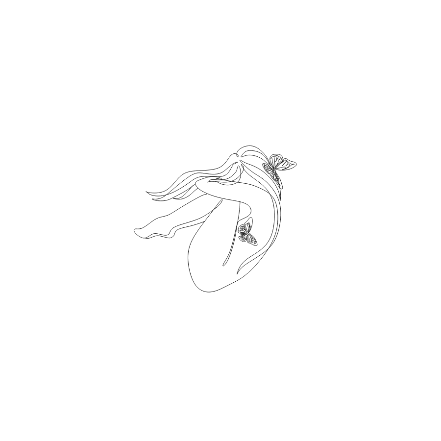 Illustration einer sitzenden weiblichen Figur mit Schmetterlingen, in minimalistischem, linearem Stil.
